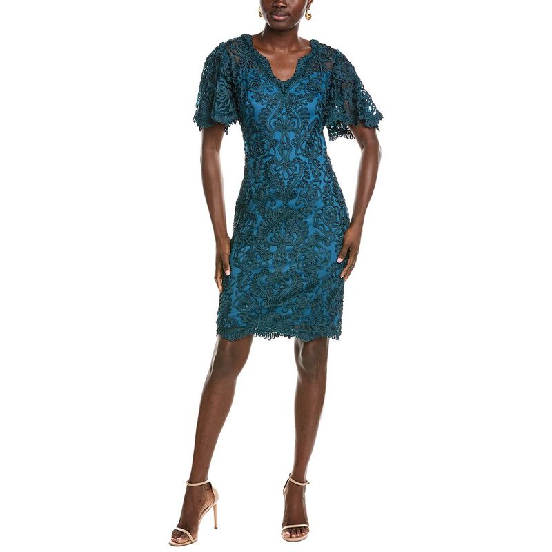 Tadashi Shoji Womens Arnett Embroidered Flutter Sleeve Dress, Blue